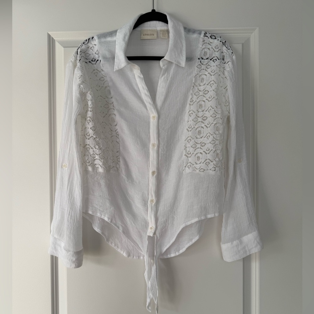 Chico's White Lace-Panel Tie-Front Button-Down Shirt